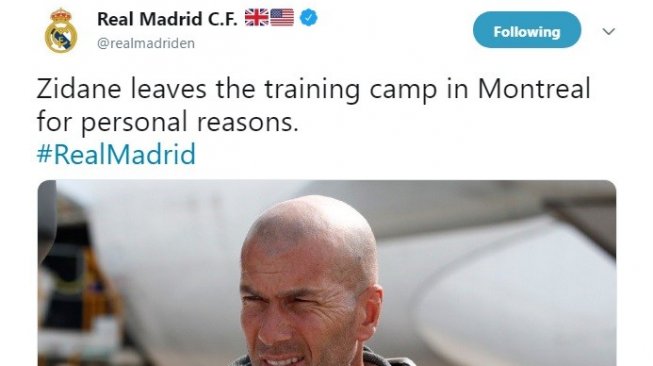 Pelatih Real Madrid, Zinedine Zidane dikabarkan meninggalkan kamp pelatihan Montreal, Kanada. (Twitter/@realmadriden)