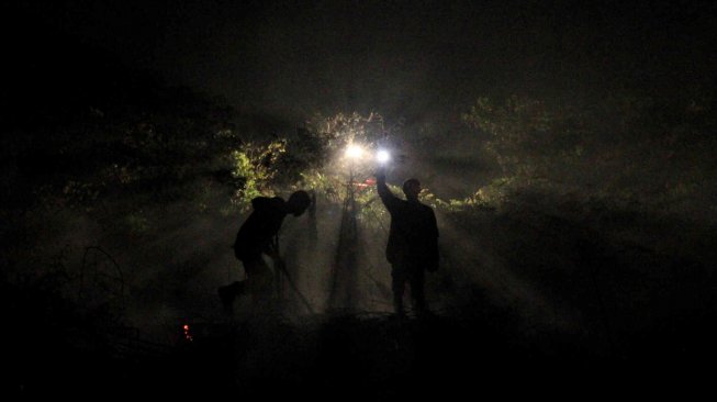 Petugas pemadam kebakaran berupaya memadamkan api yang membakar lahan gambut di Kawasan Desa Kuta Padang, Kecamatan Bubon, Aceh Barat, Sabtu (13/7). ANTARA FOTO/Syifa Yulinnas