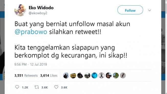 Cuitan pendukung Prabowo yang kecewa - (Twitter/@ekowboy2)