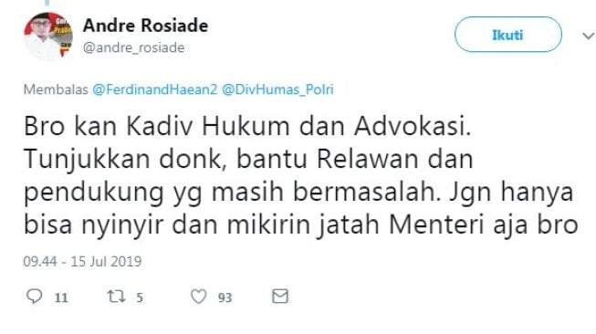 Debat sengit antara Ferdinand Hutahaean dengan Andre Rosiade di media sosial (Twitter)