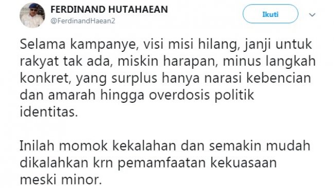 Cuitan Ferdinand Hutahaean soal residu politik identitas (Twitter/@ferdinandhaean2)