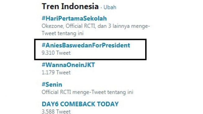 Tagar #AniesBaswedanForPresident jadi trending topic (Twitter)