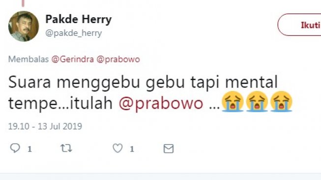 Cuitan kekecewaan pendukung Prabowo atas pertemuan Prabowo dan Jokowi (Twitter)