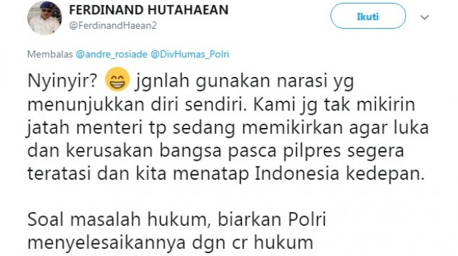 Debat sengit antara Ferdinand Hutahaean dengan Andre Rosiade di media sosial (Twitter)