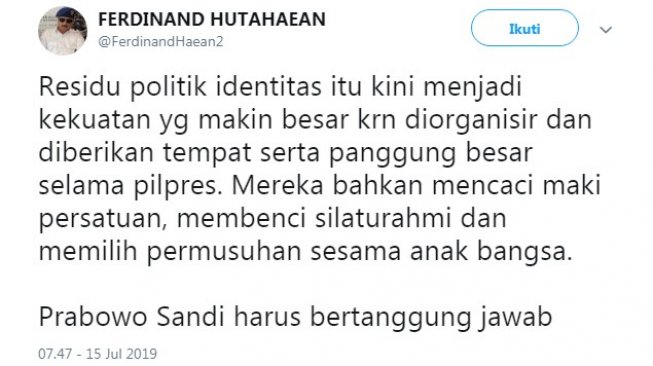 Cuitan Ferdinand Hutahaean soal residu politik identitas (Twitter/@ferdinandhaean2)