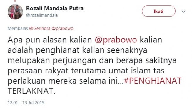 Cuitan kekecewaan pendukung Prabowo atas pertemuan Prabowo dan Jokowi (Twitter)