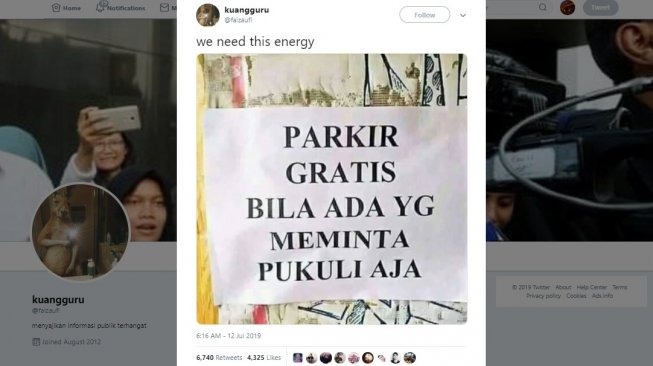 Postingan warganet, parkir gratis. [Twitter]