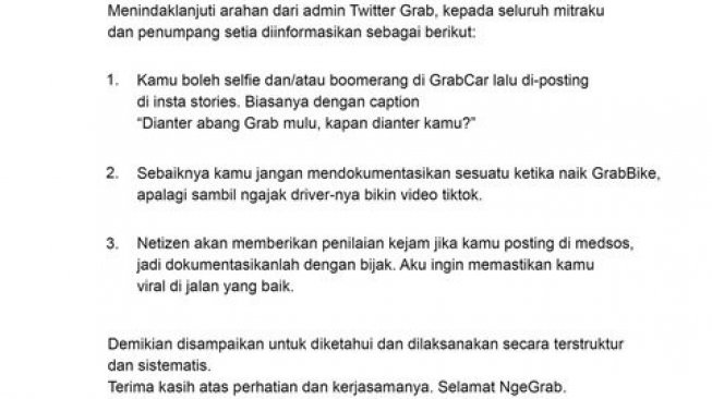 Surat edaran kocak dari Grab. (Istimewa)