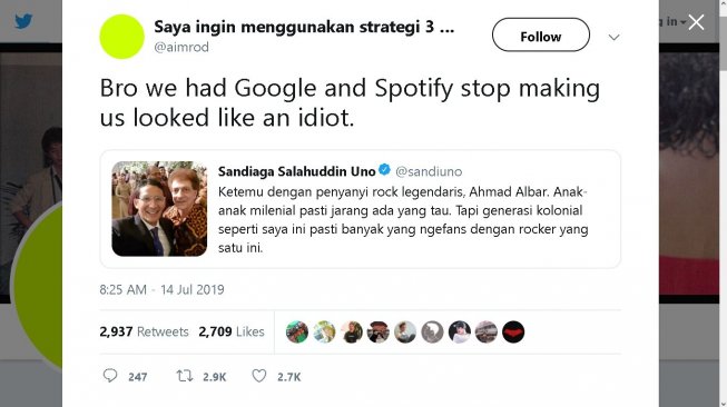 Kritik warganet untuk Sandiaga Uno - (Twitter/@aimrod)