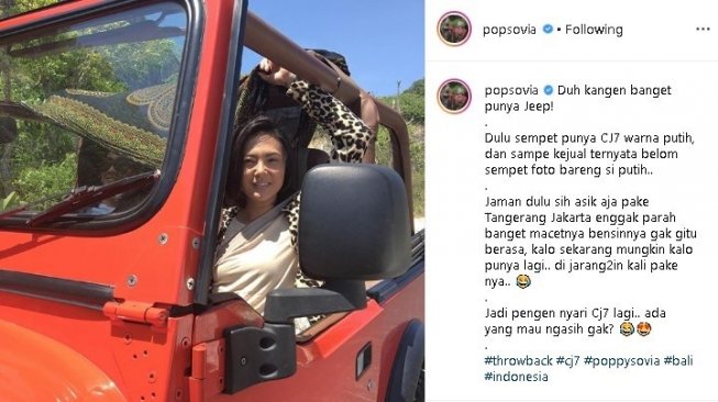 Poppy Sovia kangen mobil Jeep. (Instagram/@popsovia)