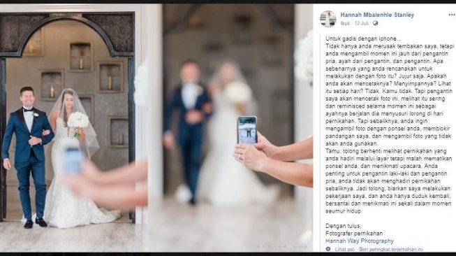 Pesan fotografer untuk tamu yang merusak momen pernikahan dengan ponsel. (Facebook/Hannah Stanley)