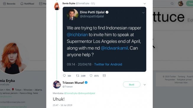 Cuitan Kepala Bekraf Triawan Munaf (Twitter/ @triawanmunaf)