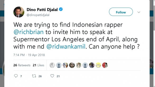 Cuitan Dino Patti Djalal - (Twitter/@dinopattidjalal)