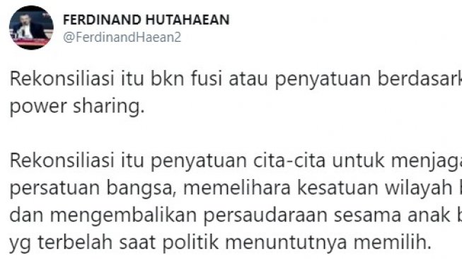 Cuitan politikus Demokrat Ferdinand Hutahean di akun Twitter pribadinya. (@FerdinanHaean2)