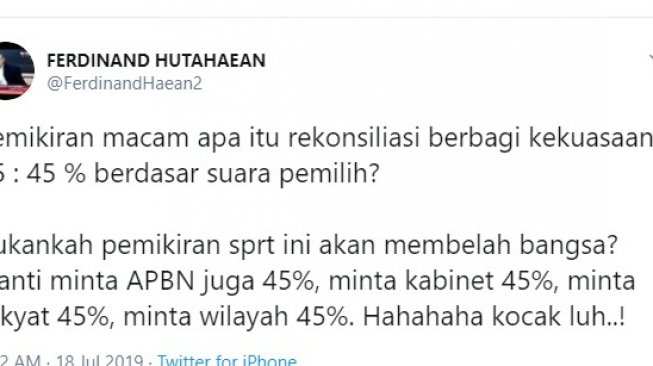 Cuitan politikus Demokrat Ferdinand Hutahean di akun Twitter pribadinya. (@FerdinanHaean2)