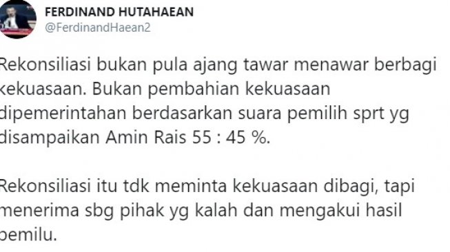 Cuitan politikus Demokrat Ferdinand Hutahean di akun Twitter pribadinya. (@FerdinanHaean2)