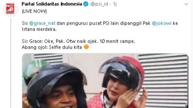 Grace Natalie ke Istana Merdeka naik ojek online. (Twitter/@psi_id)