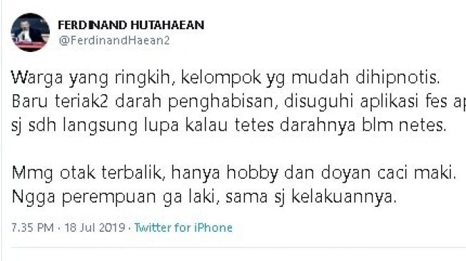 Cuitan Fernidand Hutahaean soal aplikasi FaceApp. (Twitter/@FerdinadHaean2)