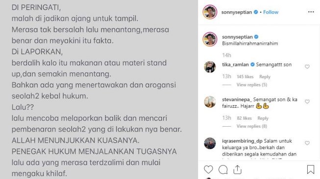 Sonny Septian menyindir Galih Ginanjar di Instagram pribadinya. [instagram/sonnyseptian]