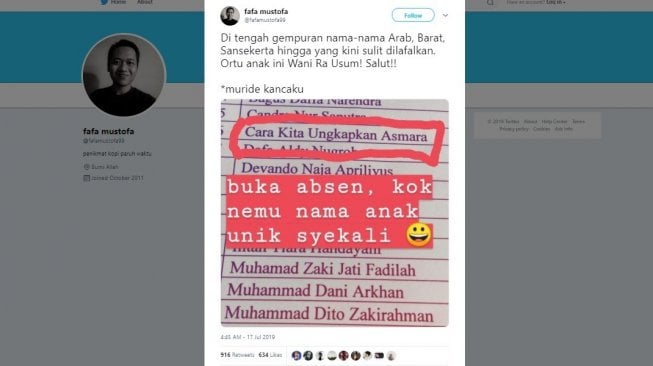 Postingan warganet, nama unik di absensi. [Twitter]