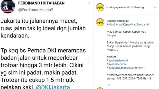 Cuitan Ferdinand dibales akun Instagram koalisi pejalan kaki. (instagram)