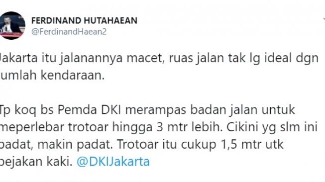 Cuitan politikus Demokrat Ferdinand Hutahean di akun Twitter pribadinya. (@FerdinanHaean2).