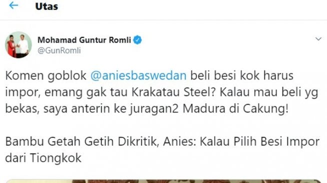 Cuitan Guntur Romli di akun pribadi Twitter. (@GunRomli).