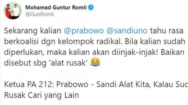 Cuitan Guntur Romli di akun pribadi Twitter. (@GunRomli).