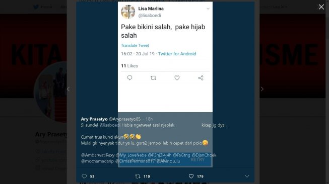 Cuitan 'bikini' Lisa Marlina yang telah dihapus - (Twitter/@Aryprasetyo85)