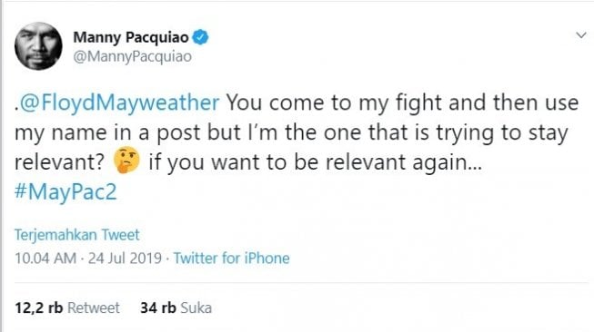 Balasan sindiran Manny Pacquiao kepada petinju asal Amerika Serikat, Floyd Mayweather. (Twitter/@MannyPacquiao)