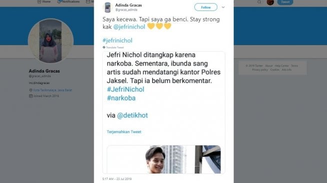 Cuitan warganet, tertangkapnya Jefri Nichol kasus narkoba. [Twitter]