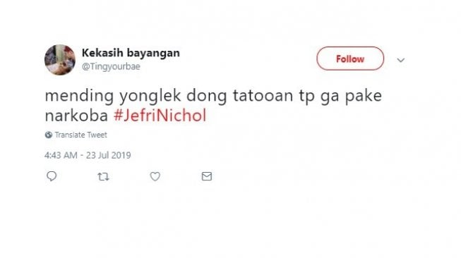 Cuitan warganet, tertangkapnya Jefri Nichol kasus narkoba. [Twitter]