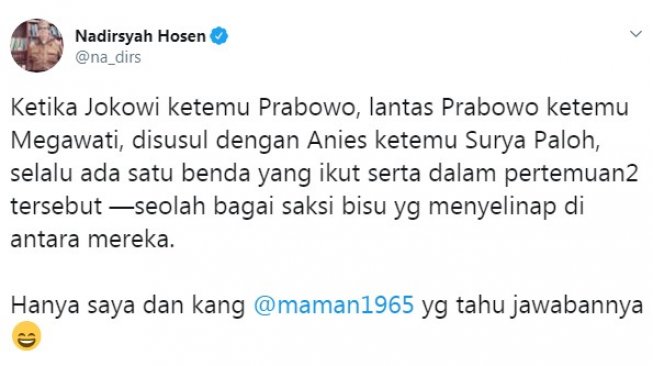 Cuitan Gus Nadir soal pertemuan Prabowo-Megawati (Twitter)