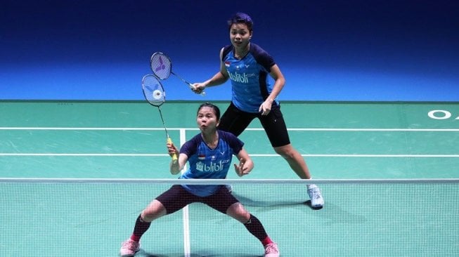 Pasangan ganda putri Indonesia, Greysia Polii/Apriyani Rahayu di laga babak kedua Japan Open 2019, Kamis (25/7/2019). [Dok. PBSI]