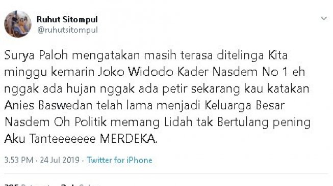 Kicauan Ruhut Sitompul soal Anies Baswedan yang dipinang Nasdem sebagai capres 2024. (Twitter/@ruhutsitompul)