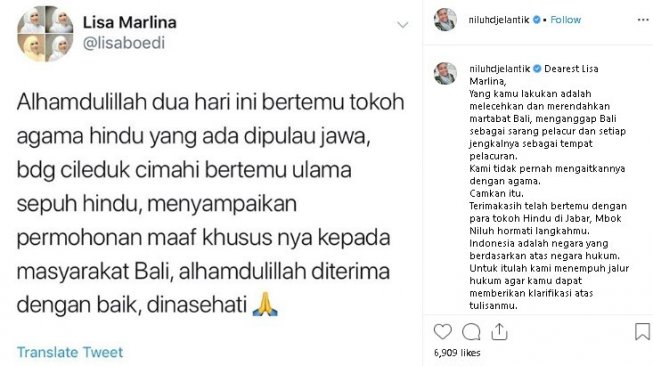 Cuitan baru Lisa Marlina ditanggapi Ni Luh Djelantik. (Instagram/@niluhdjelantik)