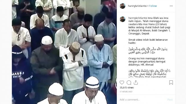 Pemuda meninggal saat salat Subuh berjemaah - (Instagram/@hannykristianto)