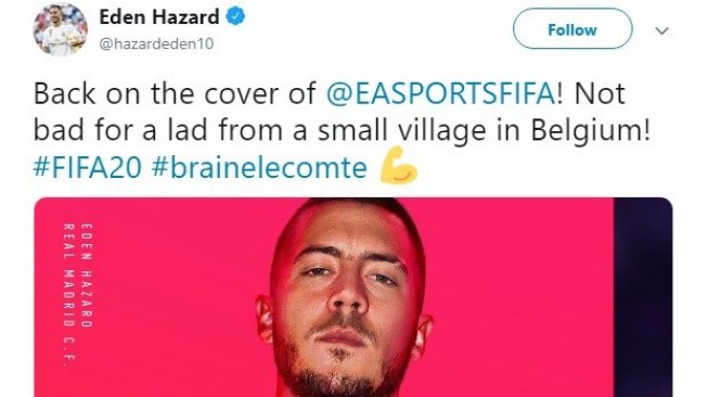 Penyerang Real Madrid, Eden Hazard menjadi cover video gam FIFA 20. (Twitter/@hazardeden10)