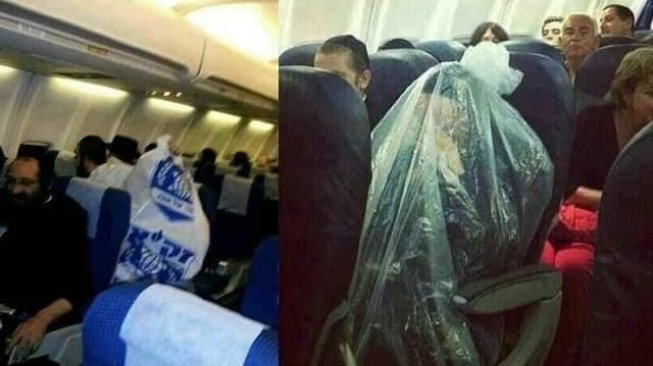 Pria Yahudi ultra-Ortodoks membungkus diri dengan plastik saat naik pesawat. (Facebook/Didikk Ekoo)