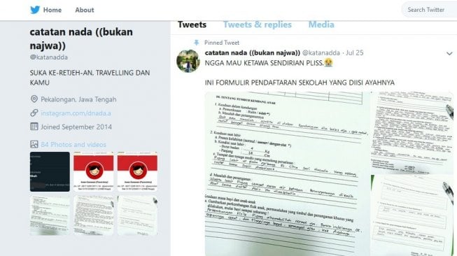 Cuitan viral mengisi formulir sekolah [Twitter: @katanadda].