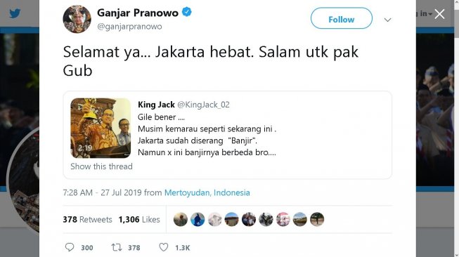 Cuitan Ganjar Pranowo - (Twitter/@ganjarpranowo)