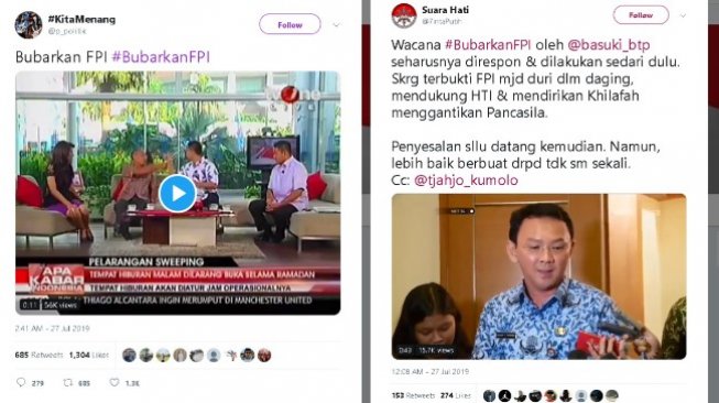 Ramai tagar #BubarkanFPI - (Twitter/@p_politik/@7intaPutih)