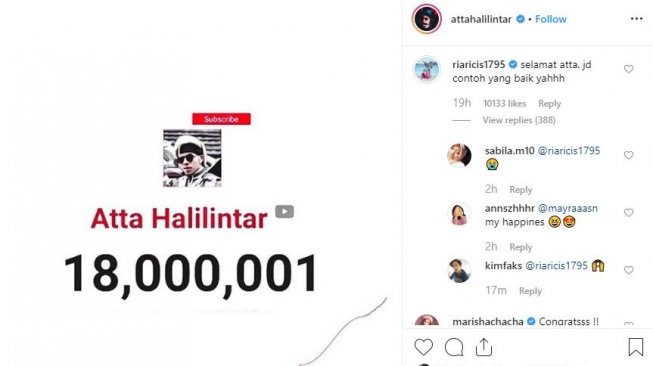 Atta Halilintar raih 18 juta subscribers. [instagram/attahalilintar]