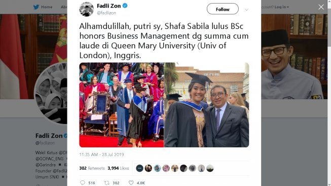 Fadli Zon dan Shafa Fadli - ( Twitter/@fadlizon)