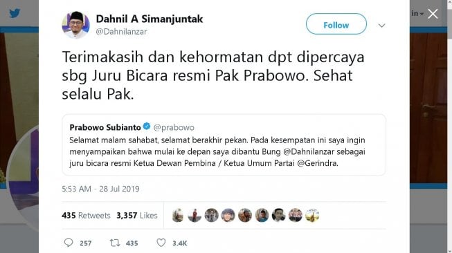 Cuitan Dahnil Anzar Simanjuntak - (Twitter/@Dahnilanzar)