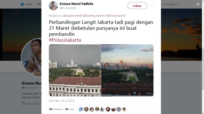 Langit Jakarta, Senin (29/7/2019) dan akhir Maret - (Twitter/@supjamurenak)