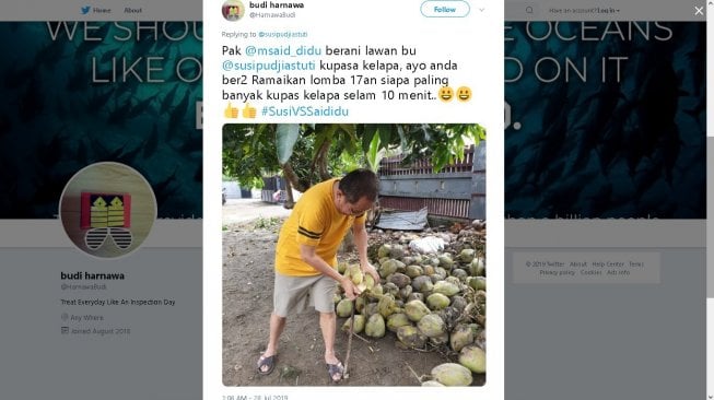 Menteri Susi ditantang adu kupas kelapa dengan Said Didu - (Twitter/@HarnawaBudi)