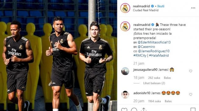 James Rodriguez bersama Eder Militao dan Casemiro tampak dalam sesi latihan Real Madrid. (Instagram/realmadrid)