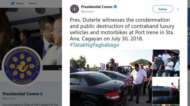 Presiden Rodrigo Duterte saksikan langsung pemusnahan mobil mewah di Santa Ana [Twitter: @pcoogov].