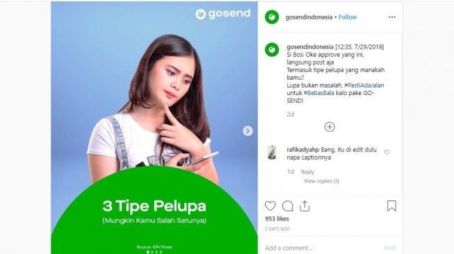 Postingan Gosend yang menarik perhatian warganet. [Instagram]